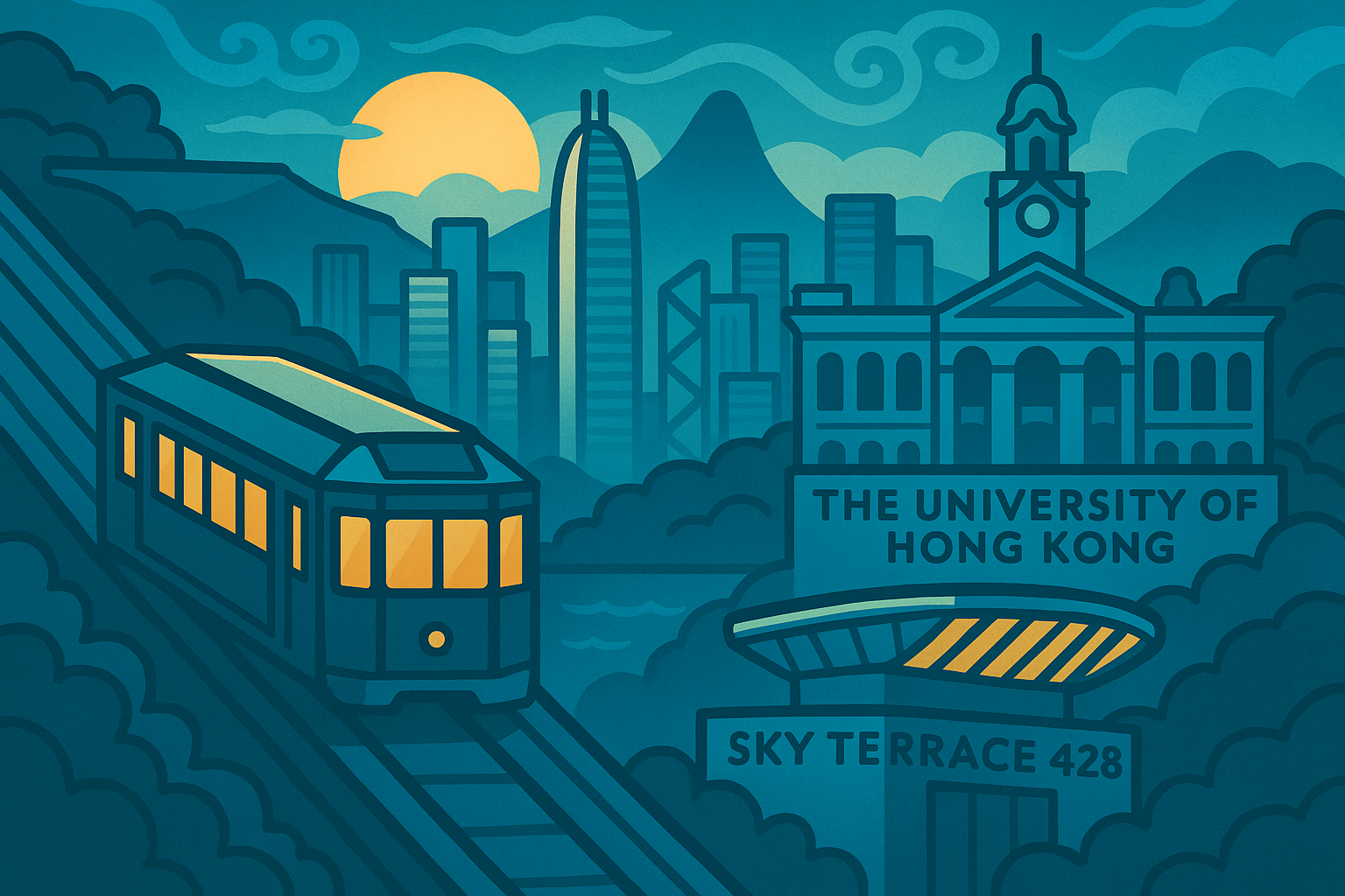 The University of Hong Kong e vista do Peak Tram